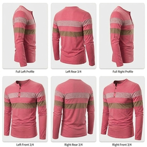 เสื้อยืดผู้ชายขายส่งแบบคอปก แขนยาว ลายทาง สีตัดต่อ ผ้าเจอร์ซีย์คอตตอนเนื้อนุ่มพิเศษ สีชมพู - Product Image 3