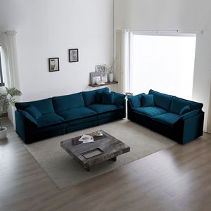 Set di Divani Moderni in Ciniglia Blu, 2 Posti + 3 Posti, Seduta Profonda per Soggiorno - Product Image 2