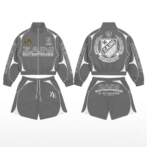 Ensemble court coupe-vent en polyester Taslan 120 GSM pour homme, gris avec empiècements blancs, design par sublimation, broderie, logo personnalisé - Product Image 1