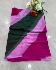 Sari de Rayón KV Tradicional con Estampado a Cuadros Tie-Dye, Diseño Propio, Bloques de Color, Leheria Chiffon, Sin Arrugas, Reversible - Product Image 4