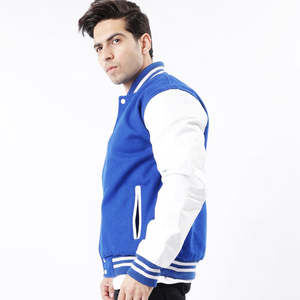 Veste de sport en laine bleue pour homme avec manches en cuir marron, col rabattu, vêtement décontracté pour l'automne - Product Image 2