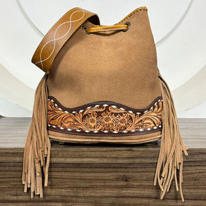 Famosa marca de diseño Boot Stitch Hand Tooled Suede Leather Mujeres Fringe Crossbody Bucket Bag Lujo Cuero de vaca Señoras Bolsos - Product Image 5