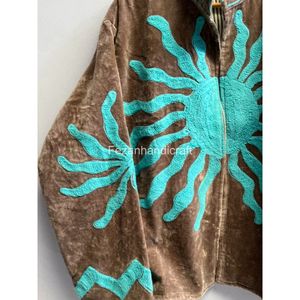Embroidered <b>Velvet</b> <b>Jacket</b> With Turquoise Geometric Pattern Stand Collar Full Sleeve Autumn <b>Women's</b> Wear - Product Image 4