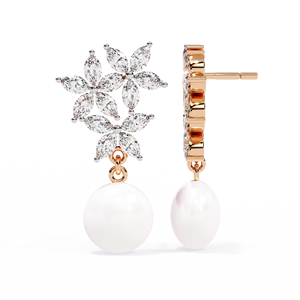 Boucles d'oreilles romantiques en forme de fleur avec moissanite marquise et perle d'eau douce en argent 925 pour femmes, bijoux de mariage - Product Image 3