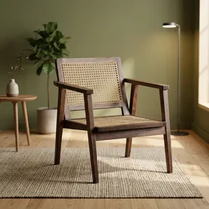 Fauteuil vintage en rotin avec dossier et assise tressés, élégant fauteuil d'appoint de style mid-century pour salon et maison - Product Image 2
