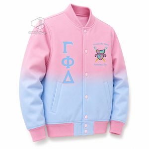 เสื้อแจ็คเก็ตวาร์ซิตี้ผ้าซาตินออมเบรสำหรับผู้หญิง Gamma Phi Delta ปักลายตัวอักษรกรีก กระดุมแป๊ก คอเสื้อและปลายแขนเสื้อถักแบบริบบิ้น เสื้อแจ็คเก็ตเลตเตอร์แมน - Product Image 2