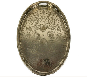 Top Quality Golden Color Oval Gallery Serving Tray With Engraving And Twin Handles Handmade Decorative Platter for <b>Home</b> kitchen - Product Image 1