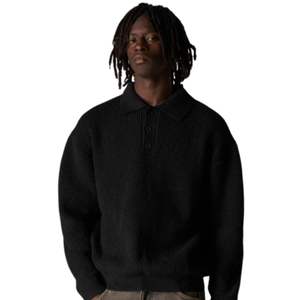 Suéter Polo de Manga Larga para Hombre, Tejido Waffle, Negro, Casual, Cuello con Botones, Mezcla de Algodón Suave, Personalizable OEM - Product Image 3