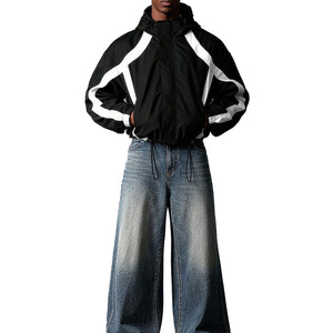 Black Hooded <b>Racer</b> <b>Jacket</b> With White Stripes Windproof Zipper Closure Sporty Autumn Wear Loose Fit Polyester Material - Product Image 1