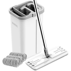 Set Secchio e Mop Piatto Senza Mani con Strizzatore, 3 Panni in Microfibra Lavabili Inclusi, Utilizzo a Umido o a Secco, Avvolgitubo - Product Image 1