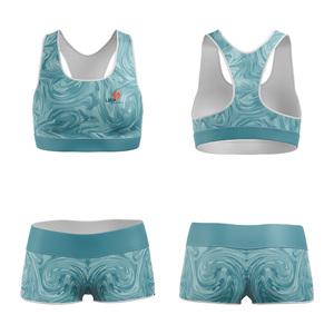 Conjunto de yoga personalizable de 2 piezas, top con cuello redondo y pantalones cortos de cintura alta, estampado por sublimación, tela de spandex y poliéster, ropa de yoga transpirable. - Product Image 1