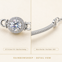 Bracelet Moissanite D Color VVS 3EX Taille Brillant Sertissage Quatre Griffes Halo S925 Plaqué Rhodium Réglable 15+3cm GRA