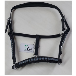 Wholesale <b>Best</b> Quality Custom Leather Halters Black with Aqua Gray Pantone Brass <b>Fittings</b> Adjustable Horse Halter - Product Image 2