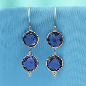 Pendientes Largos de Oro Amarillo Sólido de 18K con Amatista Genuina de Corte Redondo y Diamantes Naturales, Estilo Femenino - Product Image 4