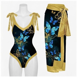 <b>Blue</b> Butterfly Print 2 Piece Yoga <b>Set</b> With Gold Trim Deep V Neck Halter Bodysuit And Knee Length Wrap Skirt - Product Image 5