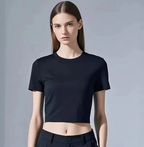 Customized Women Slim Fit <b>Crop</b> <b>Top</b> Stretchy Baby Tee Neck Embroidery Printed Fitness Cropped Mock Neck Style T-Shirt - Product Image 6