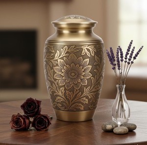Brass Engraved Cremation Urn Adult <b>Memorial</b> Urn for Human Ashes Handcrafted Funeral Burial Urn - Product Image 1