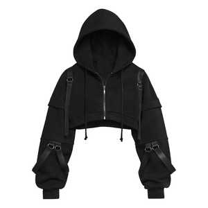 <b>Women</b>’s Cropped <b>Zip</b>-<b>Up</b> Hoodie with Adjustable Strap Details Fashion Streetwear Pullover <b>Jacket</b> Custom OEM/ODM - Product Image 1
