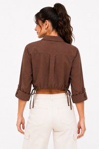 Custom Ladies Cropped Drawstring women's shirt Adjustable Hem Shirt Utility Inspired Casual <b>Top</b> Relaxed Fit Fashion Button Down - Product Image 2