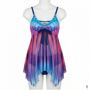 Women's Gradient Color Swimdress With Asymmetric <b>Skirt</b> And Drawstring Detail - Product Image 1