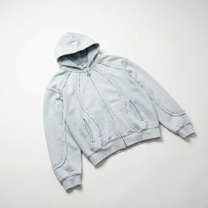 Wholesale Washed Light‑Blue Zip Hoodie with Exposed Seams | Distressed Panel Athletic Hoodie | OEM Streetwear Supplier - Product Image 1