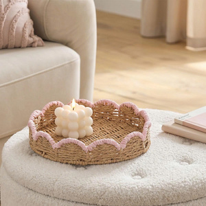 Round Seagrass Storage Tray With Scallop Pink Trim Bohemian Style Decorative <b>Basket</b> For <b>Table</b> Organization - Product Image 4