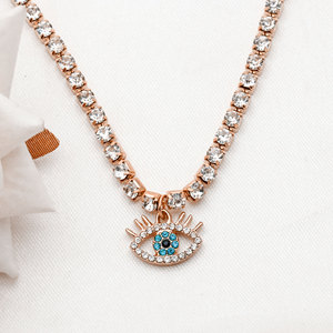 925 Sterling <b>Silver</b> Rose Gold Plated Evil Eye Tennis <b>Choker</b> Necklace Sparkling White Blue CZ Charm Wholesale Jewelry - Product Image 1