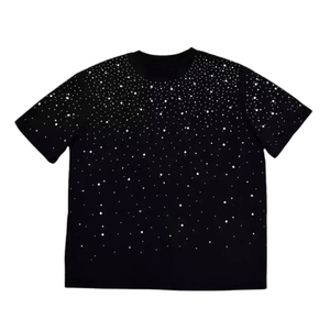 T-shirt à manches courtes noir pour homme avec strass blancs, col rond, coupe décontractée, jersey en coton tricoté - Product Image 1