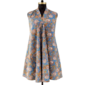 Robe Courte Sans Manches Col V en Coton Imprimé à la Main, Décorations Intégrales, Tenue Décontractée d'Été pour Femme, Œuvre d'Art Faite à la Main - Product Image 1