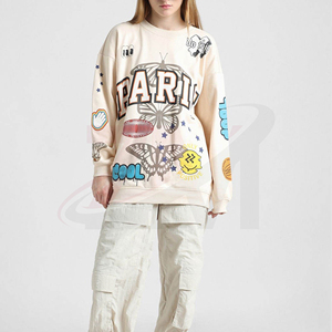 เสื้อสเวตเชิ้ตคอกลมโอเวอร์ไซส์สำหรับผู้หญิง พิมพ์ลายปารีส ผีเสื้อ ลายกราฟิกเท่ๆ ให้ความรู้สึกดี ผ้าฝ้ายถัก 100% ทรงไหล่ตก สไตล์ฤดูใบไม้ร่วง - Product Image 3