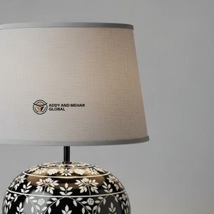 Luxury <b>Black</b> Bone Inlay <b>Table</b> Lantern with Floral Pattern Handcrafted Decorative <b>Bedside</b> Lamp with Fabric Shade for Home - Product Image 5