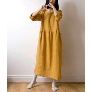 Robe longue élégante jaune moutarde pour femmes, col rond, coupe ample, avec ourlet à volants, robe midi décontractée - Product Image 3