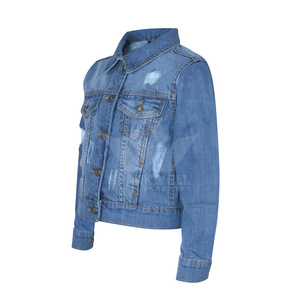 Chaqueta vaquera azul medio desgastada para mujer con cierre de botones, cuello vuelto, manga larga, corte ajustado, informal - Product Image 6