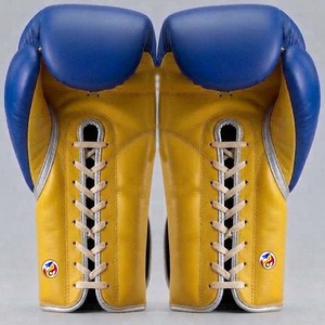 Gants de boxe professionnels en cuir DF-BGAby1 16 oz à lacets avec poignée ergonomique bleu/jaune pour entraînement MMA et kickboxing adulte - Product Image 3