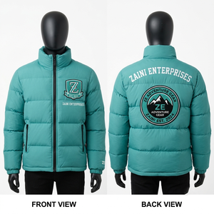 เสื้อแจ็คเก็ตพัฟเฟอร์ผู้ชาย โพลีเอสเตอร์พองจี 120 GSM พรีเมียม สีเขียวอมฟ้า ดีไซน์ลายควิลท์ ปักโลโก้ตามสั่ง รับผลิตแบบ OEM ODM - Product Image 1