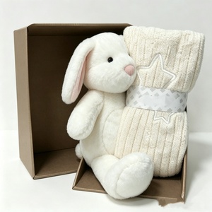 customized <b>boxed</b> newborn rabbit plush <b>gift</b> <b>hamper</b>,white floppy‑ear bunny plush and knitted blanket <b>gift</b> set,baby shower plush - Product Image 1