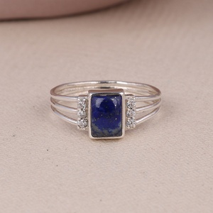925 Sterling Silver <b>Lapis</b> <b>Lazuli</b> CZ Bezel Setting Handmade Multi-Band Rectangular Gemstone Statement <b>Ring</b> Wholesale Jewelry - Product Image 3