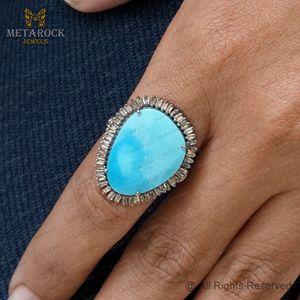 Baguette Diamond <b>Turquoise</b> Gemstone Oxidized 925 Silver Designer Cocktail <b>Ring</b> Fine Jewelry Wholesale, December Birthstone <b>Ring</b> - Product Image 6
