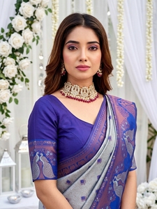 Sari de Seda con Estampado Digital Azul Grisáceo Tradicional para Mujer, Estilo Indio-Pakistaní, Largo hasta el Suelo, Corte Regular, Antiarrugas, para Bodas - Product Image 3