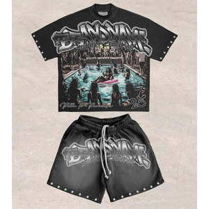 Ensemble T-shirt et short décontracté pour homme, couleur unie, coupe oversize, en coton respirant tricoté, idéal pour l'été, deux pièces, marque privée - Product Image 4