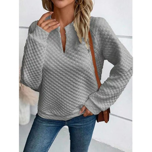 <b>Ladies</b> Shimmer V-Neck Textured Casual <b>Top</b> for Wholesale Women's <b>Sparkly</b> Rhinestone Quilted Pullover Hoodies Blouse OEM ODM - Product Image 3