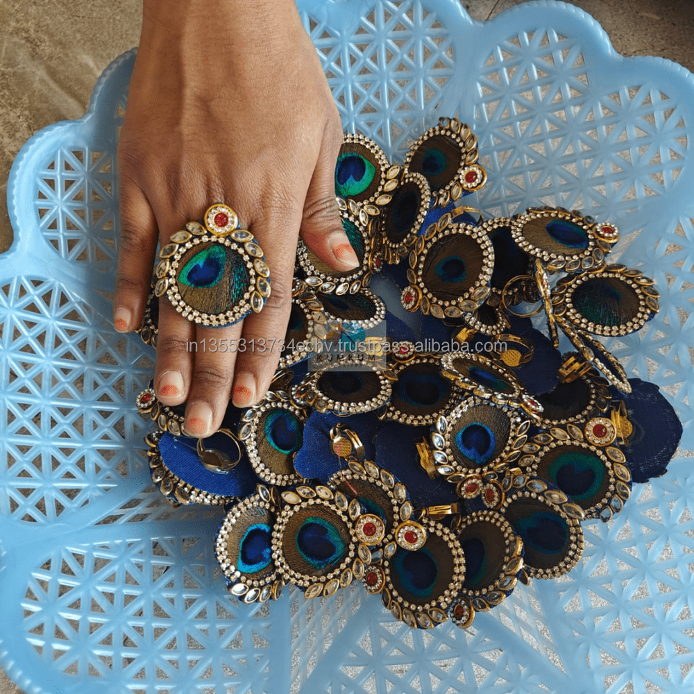 Artificial Handmade Peacock Feather Kundan Ring for Haldi Sangeet