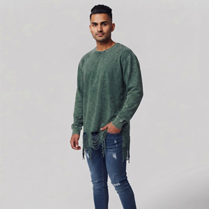 T-shirt Homme Manches Longues Effet Vieilli Coton Lourd Lavé Col Rond Coupe Ample Décontractée Streetwear Grunge - Product Image 1