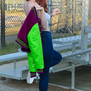 Veste courte universitaire pour femme, bleu marine et vert, style Letterman, manteau bomber avec manches en similicuir, vêtement d'extérieur décontracté, mode féminine - Product Image 6