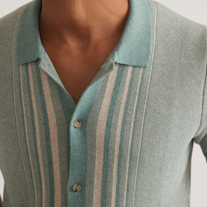 Polo de Manga Corta para Hombre, Azul Claro a Rayas, Tejido de Punto, Diseño Casual con Botones, Corte Regular, Algodón Piqué Transpirable - Product Image 5