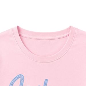 T-shirt rose à manches courtes et col rond pour adolescentes avec motif en strass, idéal pour l'école, le quotidien et le streetwear, vêtement confortable. - Product Image 3