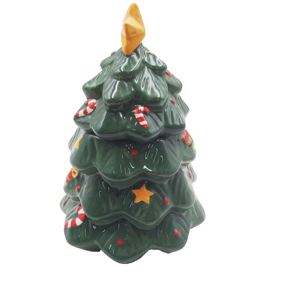 Ceramic Christmas Tree Figurine Green with Yellow Star Top Hand-painted Holiday Glazed Red Candy Cane Handle <b>Battery</b> <b>Operated</b> - Product Image 3