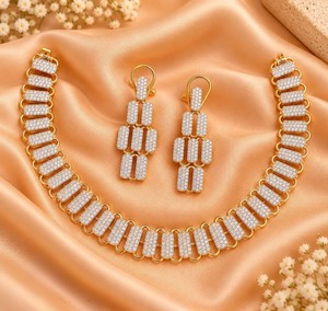 Parure de bijoux de luxe plaqué or et argent avec zircons, design imitation pierres AD, collier et boucles d'oreilles pour fiançailles, mariage et soirée - Product Image 2