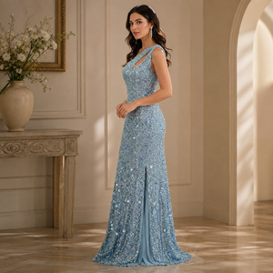 Luxury Sky Blue One Shoulder <b>Sequin</b> Evening Gown for Women Elegant Party Dress High Slit Prom Wedding Reception Cocktail Maxi - Product Image 2