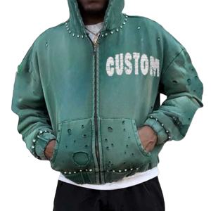 เสื้อฮู้ดครอปซิปผ้าเฟรนช์เทอร์รี่ผสมโพลีเอสเตอร์/คอตตอน สไตล์สตรีทแวร์ ลวดลายขาดๆ แบบดิสเทรส น้ำหนัก 450 GSM ซักย้อมสีแบบแอซิด ประดับคริสตัล  รับสกรีนโลโก้ตามแบบ สำหรับฤดูหนาว - Product Image 1